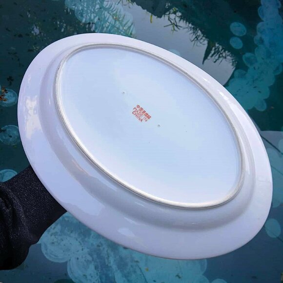 Vintage Large 16" Red Chinese Famille Rose Longevity Pattern Porcelain Oval Plat - Picture 9 of 10